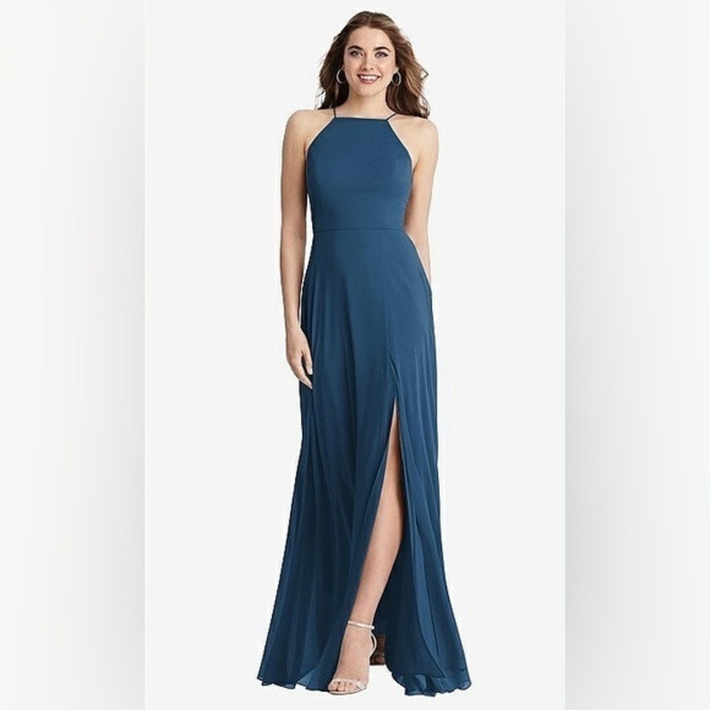 LOVELY HIGH NECK CHIFFON MAXI DRESS WITH FRONT SLIT - LELA IN DUSK BLUE